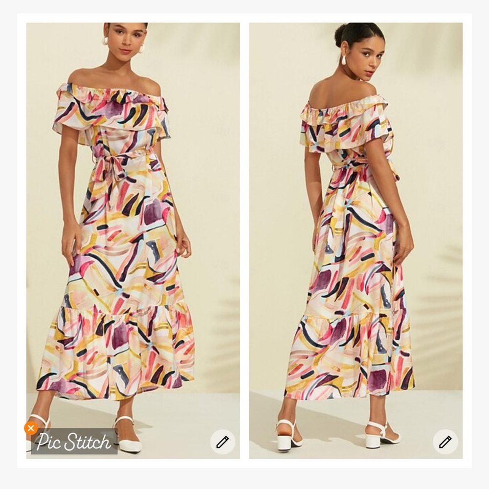 Ador Satin Printed Off Shoulder Belted Maxi Dress